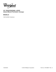 Cover Sheet Diagram and Parts List for WVI75UC6DS1  Whirlpool Range Hood