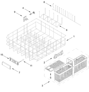 Lower Rack Parts Diagram and Parts List for JDTS3924SP0  Whirlpool Dishwasher