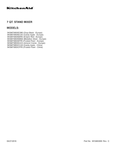 Cover Sheet Diagram and Parts List for 5KSM7580XCCA0  KitchenAid Mixer