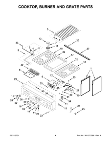 Cooktop, Burner And Grate Parts Diagram and Parts List for JDSP536HM01  Whirlpool Range