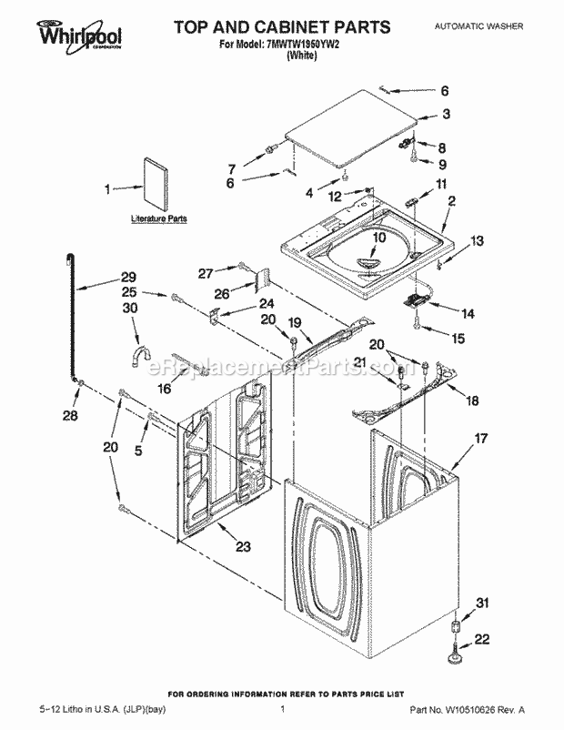 Top And Cabinet Parts Diagram and Parts List for 7MWTW1950YW2  Whirlpool Washer