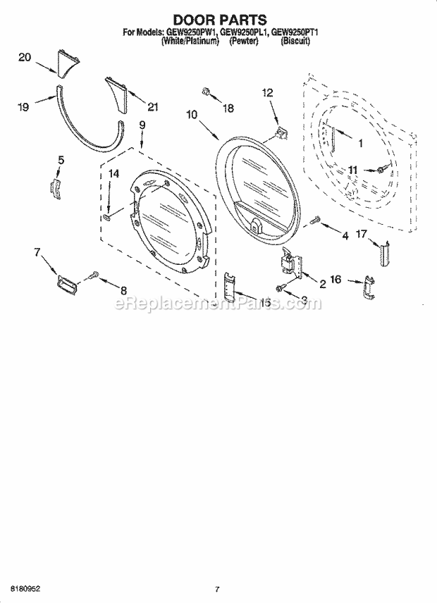 DOOR PARTS, OPTIONAL PARTS (NOT INCLUDED) Diagram and Parts List for GEW9250PW1  Whirlpool Dryer
