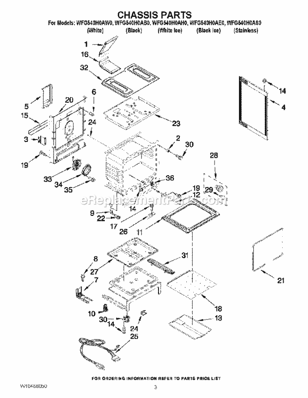 Chassis Parts Diagram and Parts List for WFG540H0AB0  Whirlpool Range