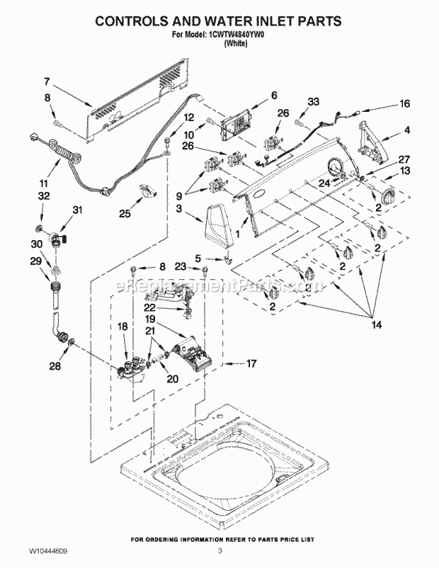 Controls And Water Inlet Parts Diagram and Parts List for 1CWTW4840YW0  Whirlpool Washer
