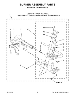 Burner Assembly Parts Diagram and Parts List for 7MWGD1930JM0  Whirlpool Dryer