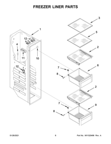 Freezer Liner Parts Diagram and Parts List for WRS973CIHV01  Whirlpool Refrigerator
