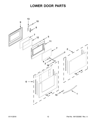 Lower Door Parts Diagram and Parts List for YWGE745C0FS1  Whirlpool Range