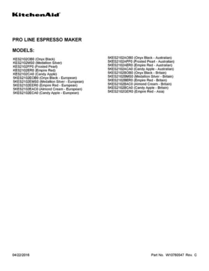 01 - Cover Sheet Diagram and Parts List for KES2102MS0  KitchenAid Coffee Maker