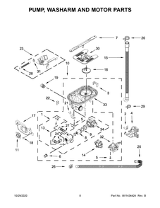 Pump, Washarm And Motor Parts Diagram and Parts List for KDTM804KPS0  Whirlpool Dishwasher