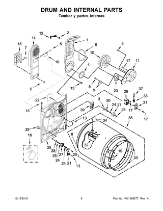 Drum And Internal Parts Diagram and Parts List for 7MWED2040JM0  Whirlpool Dryer
