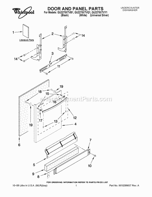 DOOR AND PANEL PARTS Diagram and Parts List for GU2275XTVY1  Whirlpool Dishwasher