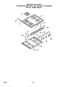 Main Top Diagram and Parts List for 1424*0A  Roper Range