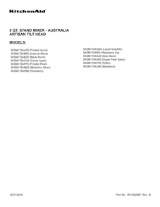 Cover Sheet Diagram and Parts List for 5KSM170AAZ0  KitchenAid Mixer