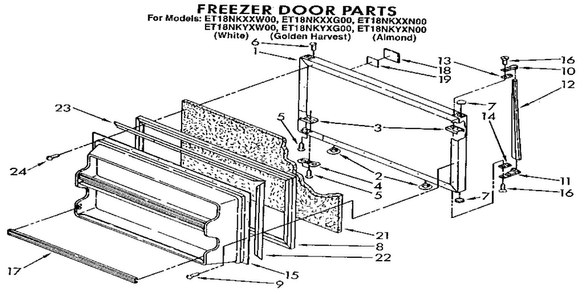 Freezer Door Diagram and Parts List for ET18NKYXG00  Whirlpool Refrigerator