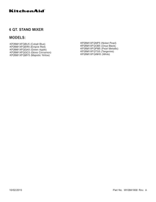 Cover Sheet Diagram and Parts List for KP26M1XFQER5  KitchenAid Mixer