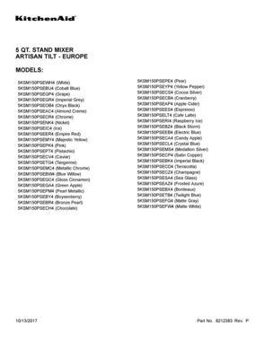 01 - COVER SHEET Diagram and Parts List for 5KSM150PSEFW4  Whirlpool Mixer