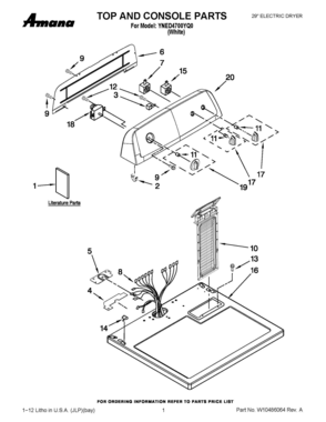 01 - TOP AND CONSOLE PARTS Diagram and Parts List for YNED4700YQ0  Whirlpool Dryer