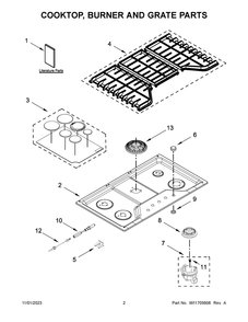 Cooktop, Burner And Grate Parts Diagram and Parts List for KCGS350ESS06  KitchenAid Cooktop