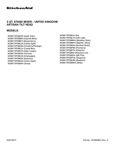 Cover Sheet Diagram and Parts List for 5KSM175PSBLT4  KitchenAid Mixer