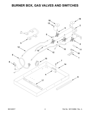 03 - BURNER BOX, GAS VALVES AND SWITCHES Diagram and Parts List for W3CG3014XB02  Whirlpool Cooktop