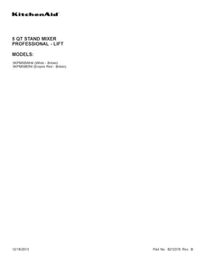 Cover Sheet Diagram and Parts List for 5KPM5BER4  KitchenAid Mixer