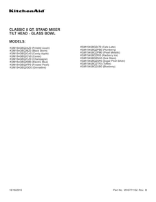 Cover Sheet Diagram and Parts List for KSM154GBQ2CV0  KitchenAid Mixer