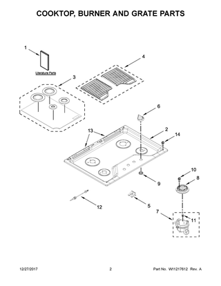 Cooktop, Burner And Grate Parts Diagram and Parts List for WCG55US0HS00  Whirlpool Cooktop