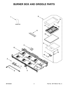 02 - Burner Box And Griddle Parts Diagram and Parts List for KFGC558JSC07  Whirlpool Range