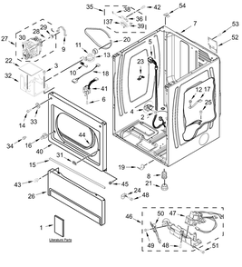 Lower Cabinet And Front Panel Parts Diagram and Parts List for MLG27PRFWW0  Whirlpool Dryer