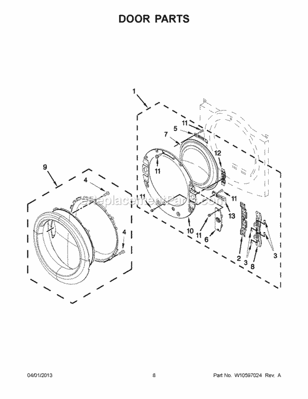 DOOR PARTS Diagram and Parts List for WED70HEBW0  Whirlpool Dryer