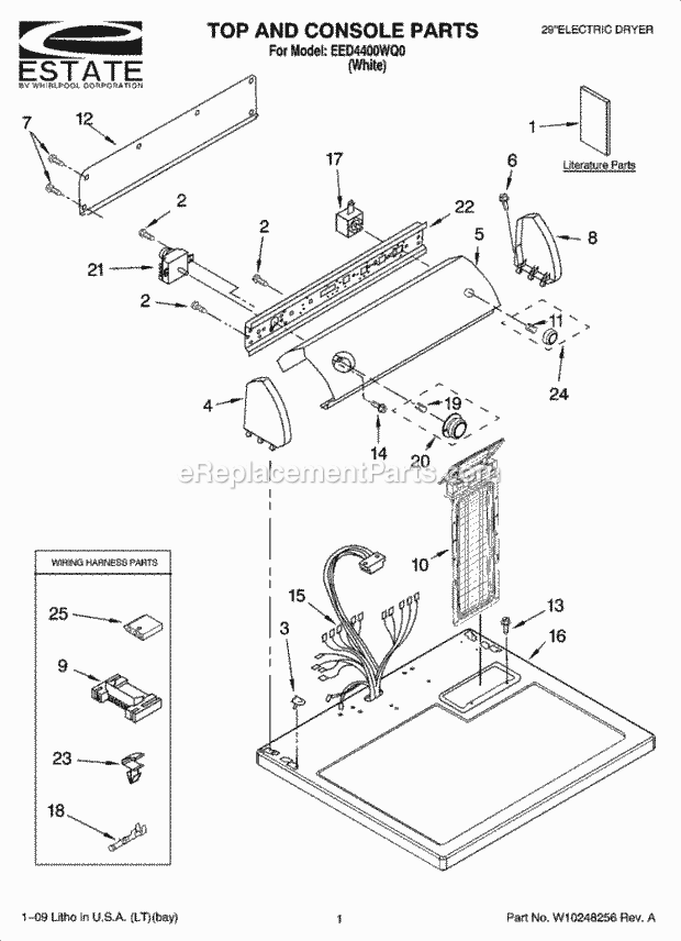 TOP AND CONSOLE PARTS Diagram and Parts List for EED4400WQ0  Estate Dryer