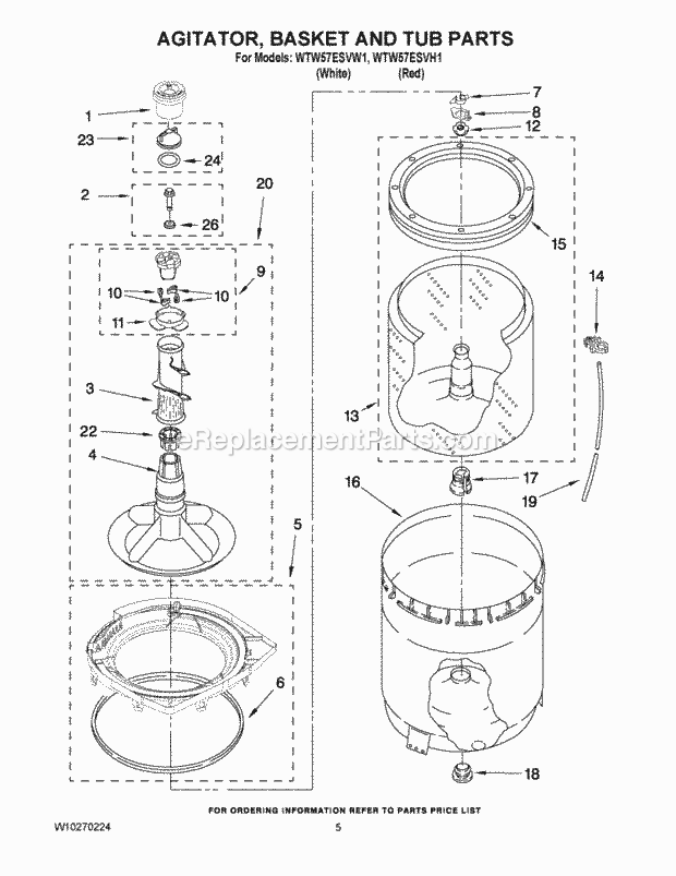 AGITATOR, BASKET AND TUB PARTS Diagram and Parts List for WTW57ESVW1  Whirlpool Washer