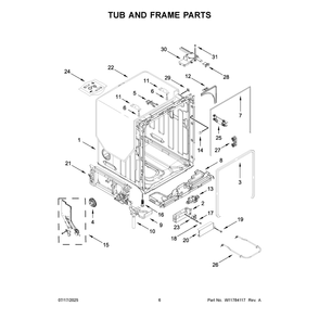 Tub And Frame Parts Diagram and Parts List for KDTS424SPS0  KitchenAid Dishwasher