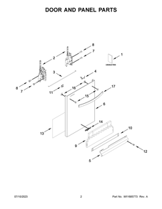 Door And Panel Parts Diagram and Parts List for WDT740SALW2  Whirlpool Dishwasher