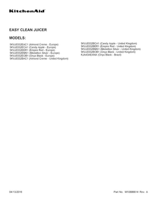 Cover Sheet Diagram and Parts List for 5KVJ0332EAC1  KitchenAid Juicer