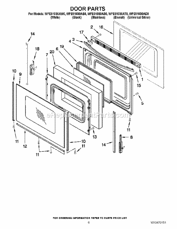 DOOR PARTS Diagram and Parts List for WFE510S0AS0  Whirlpool Range