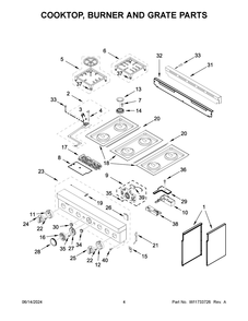 Cooktop, Burner And Grate Parts Diagram and Parts List for KFGC506JMH07  KitchenAid Range