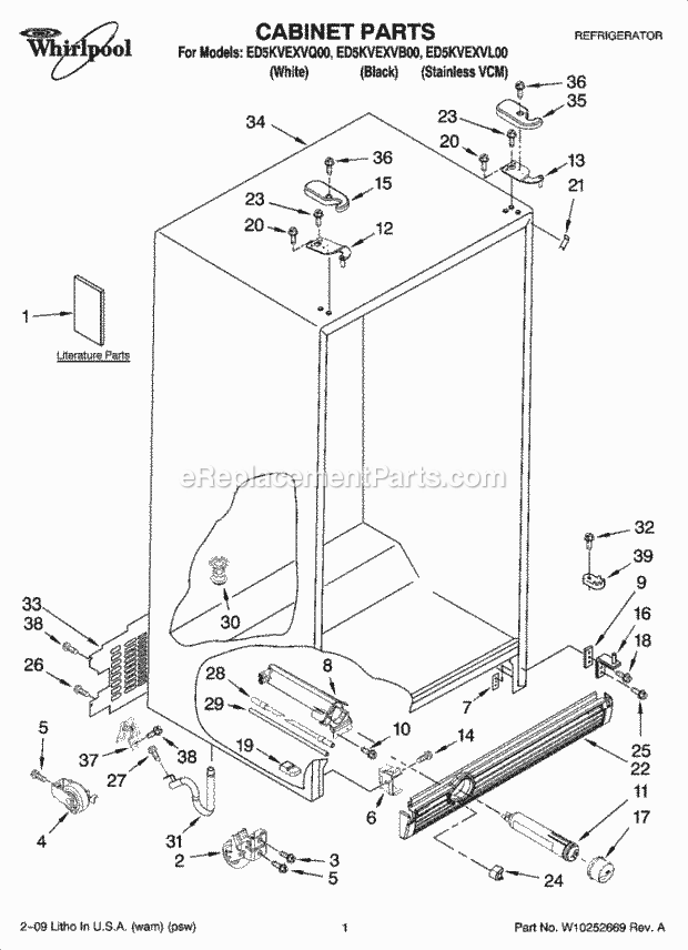 CABINET PARTS Diagram and Parts List for ED5KVEXVB00  Whirlpool Refrigerator