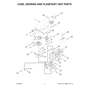 Case, Gearing And Planetary Unit Parts Diagram and Parts List for 5KSM195PSBBT5  KitchenAid Mixer