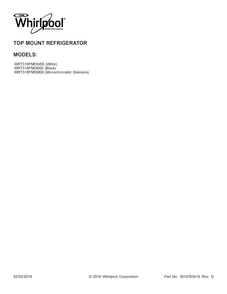 Cover Sheet Diagram and Parts List for WRT318FMDB00  Whirlpool Refrigerator