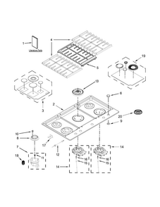 Cooktop, Burner And Grate Parts Diagram and Parts List for KCGS956ESS02  KitchenAid Cooktop