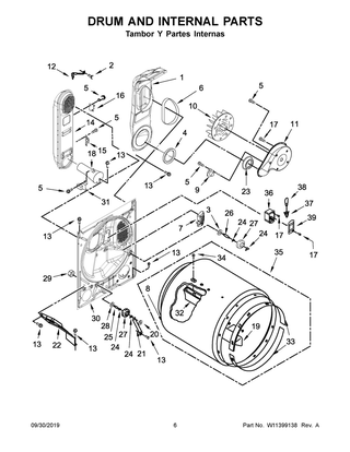 Drum And Internal Parts Diagram and Parts List for 7MWGD2140JB0  Whirlpool Dryer
