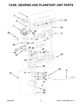 Case, Gearing And Planetary Unit Parts Diagram and Parts List for KV25G0XMH5  Whirlpool Mixer