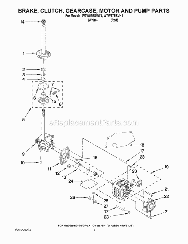 BRAKE, CLUTCH, GEARCASE, MOTOR AND PUMP PARTS Diagram and Parts List for WTW57ESVW1  Whirlpool Washer