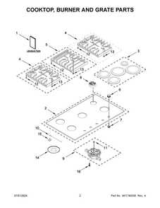 02 - Cooktop, Burner And Grate Parts Diagram and Parts List for KCGG536PBL01  Whirlpool Cooktop