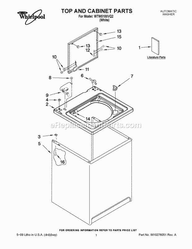 Top And Cabinet Parts Diagram and Parts List for WTW5100VQ2  Whirlpool Washer