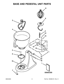 Base And Pedestal Unit Parts Diagram and Parts List for 5KSM125BDP4  Whirlpool Mixer