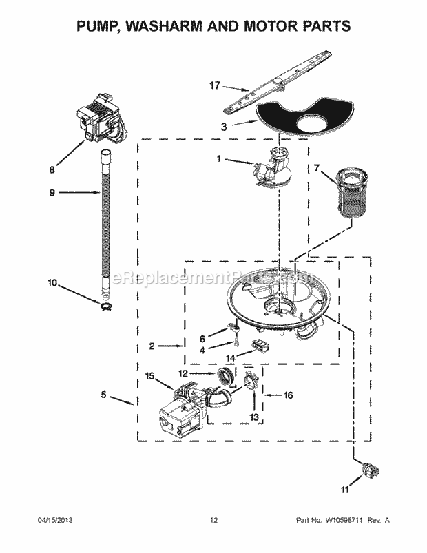 Pump, Washarm And Motor Parts Diagram and Parts List for WDT710PAYH4  Whirlpool Dishwasher