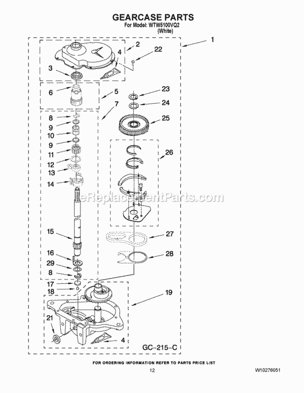 Gearcase Parts Diagram and Parts List for WTW5100VQ2  Whirlpool Washer
