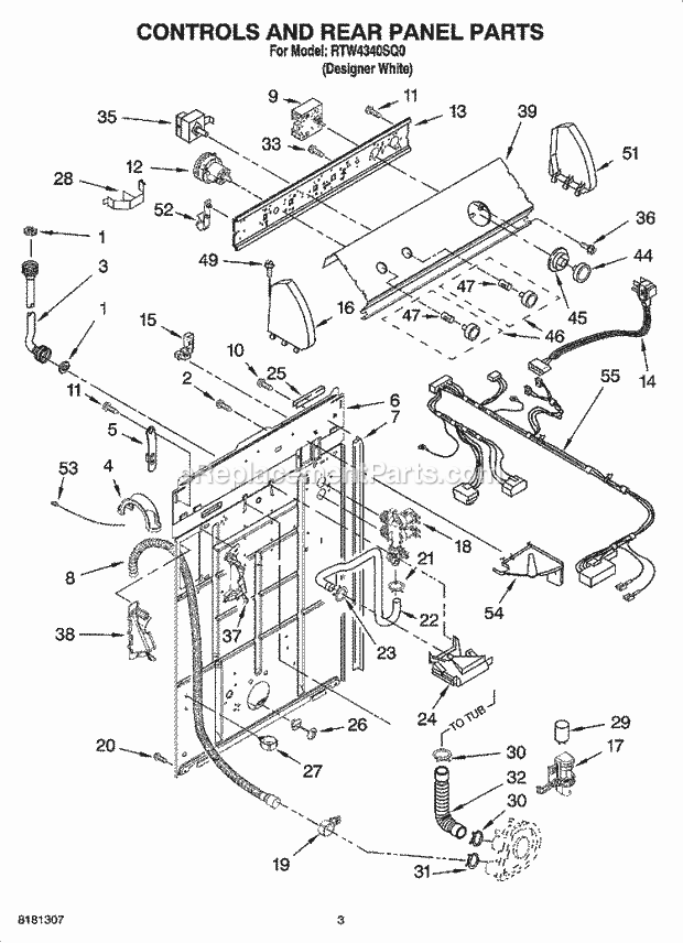 CONTROLS AND REAR PANEL PARTS Diagram and Parts List for RTW4340SQ0  Roper Washer